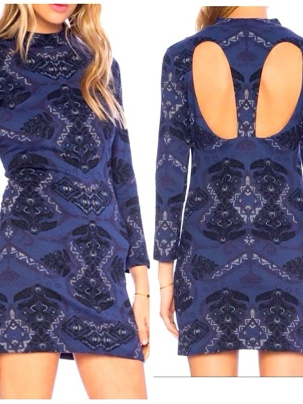 Free People Blue Printed Open Back Mini Dress Medium Cotton Blend Long Sleeve